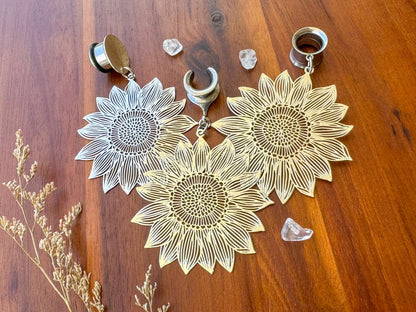 Large Silver Sunflowers Plug Earrings