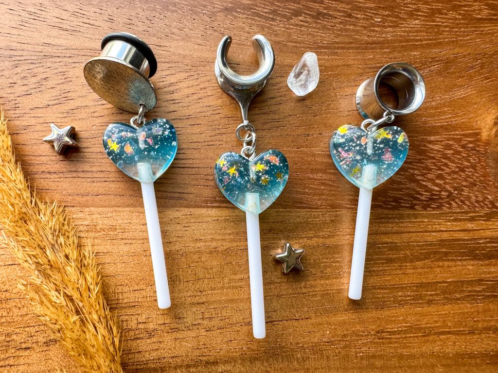 Light Blue Glitter Hearts Plug Earrings