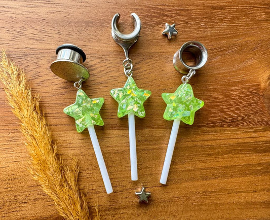 Lime Green Glitter Stars Plug Earrings