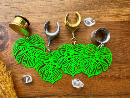 Lime Green Monsteras Plug Earrings