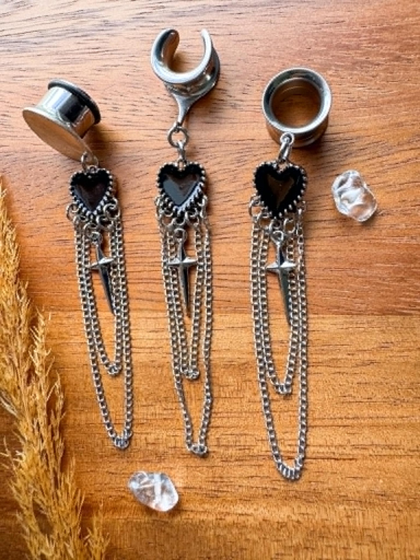 Long Chained Heart Dangles Plug Earrings