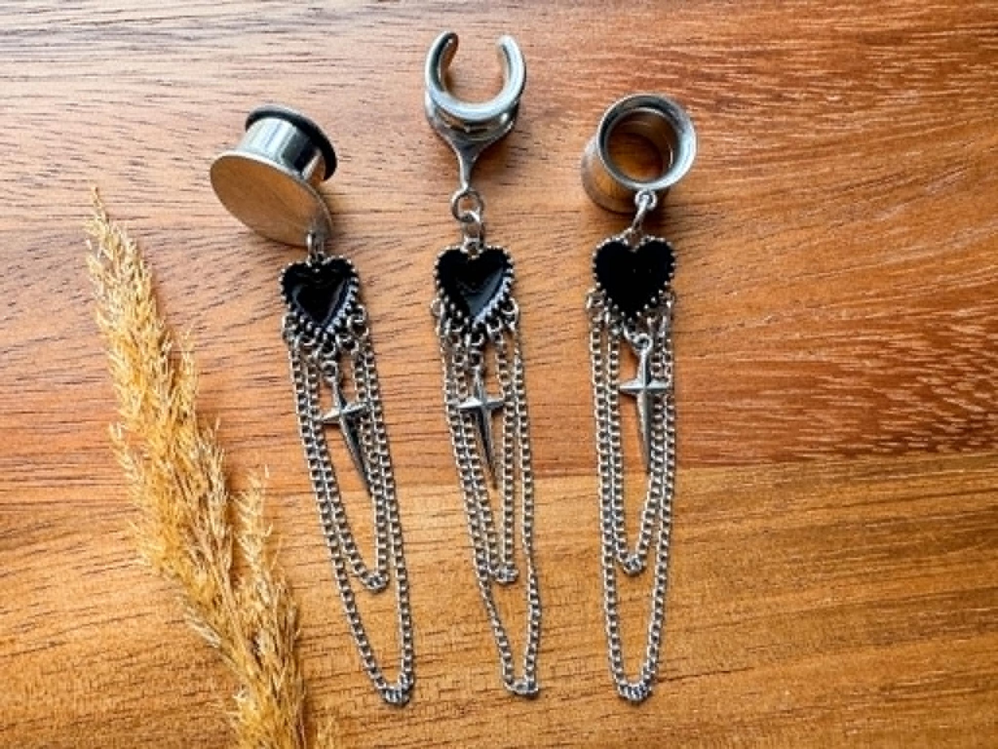 Long Chained Heart Dangles Plug Earrings