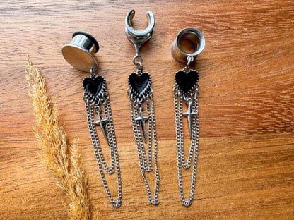 Long Chained Heart Dangles Plug Earrings