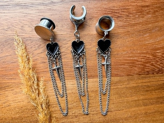 Long Chained Heart Dangles Plug Earrings