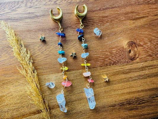 Long Rainbow Crystal Dangles Plug Earrings