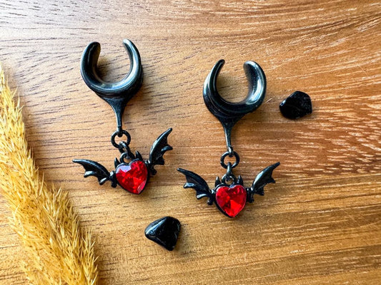 Mini Devilish Heart Bats Plug Earrings