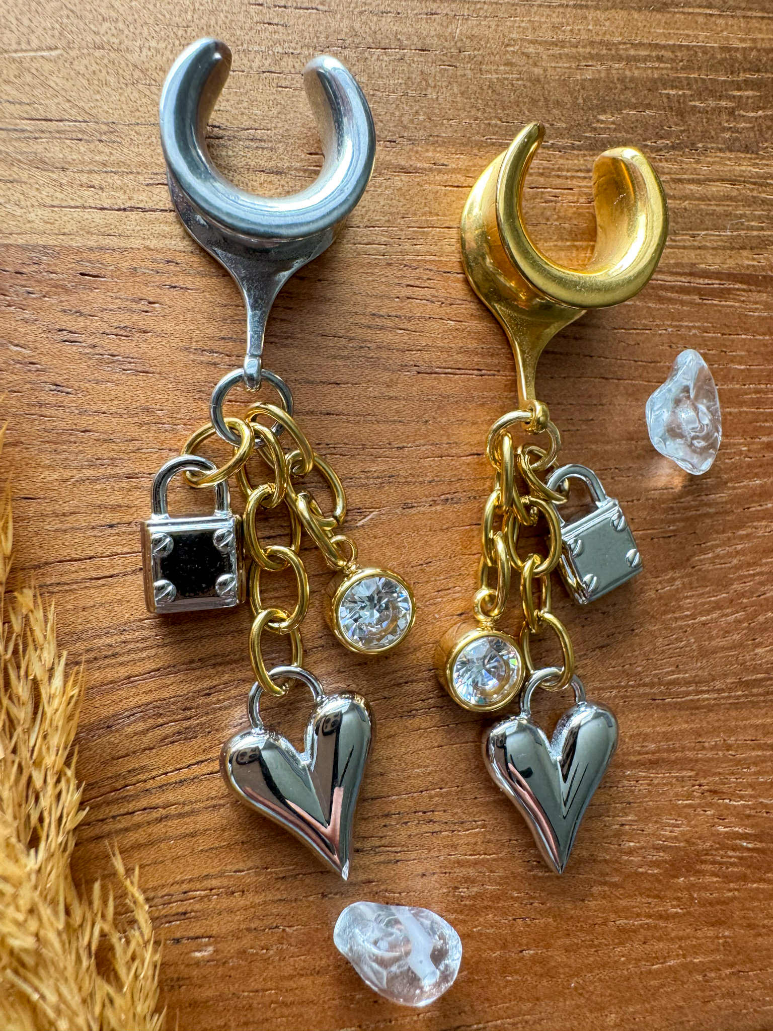 Mixed Metal Heart Charms Plug Earrings