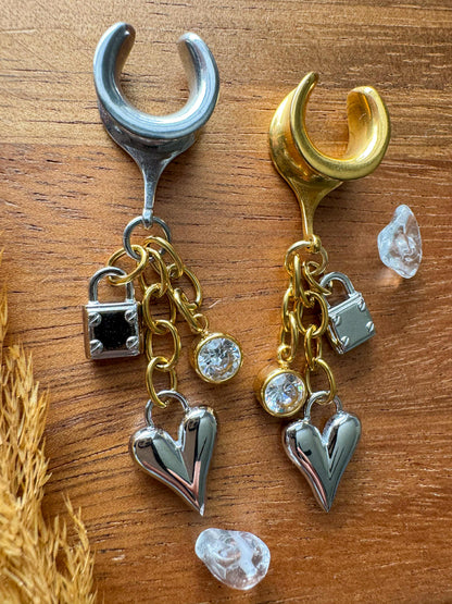 Mixed Metal Heart Charms Plug Earrings