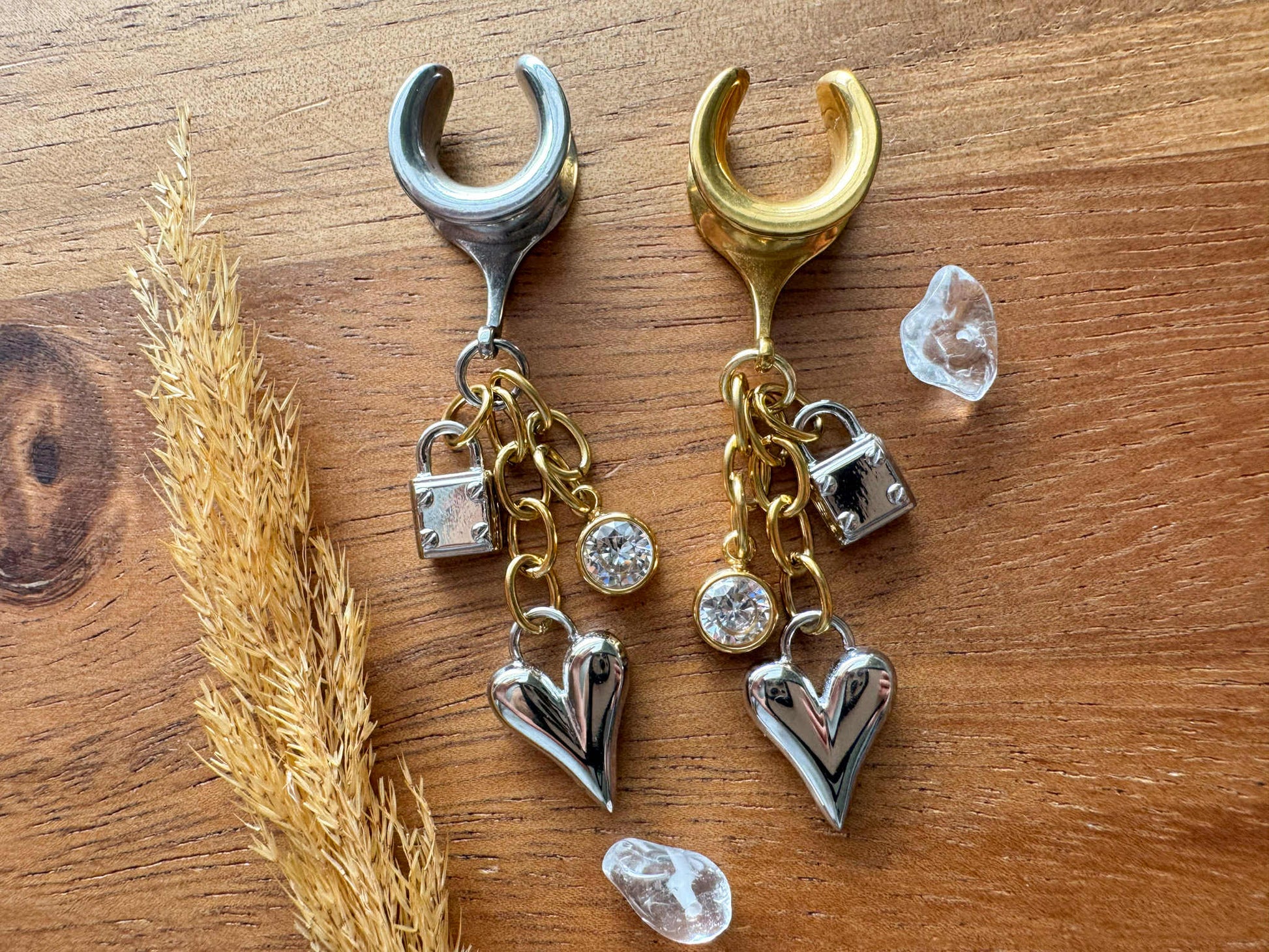 Mixed Metal Heart Charms Plug Earrings