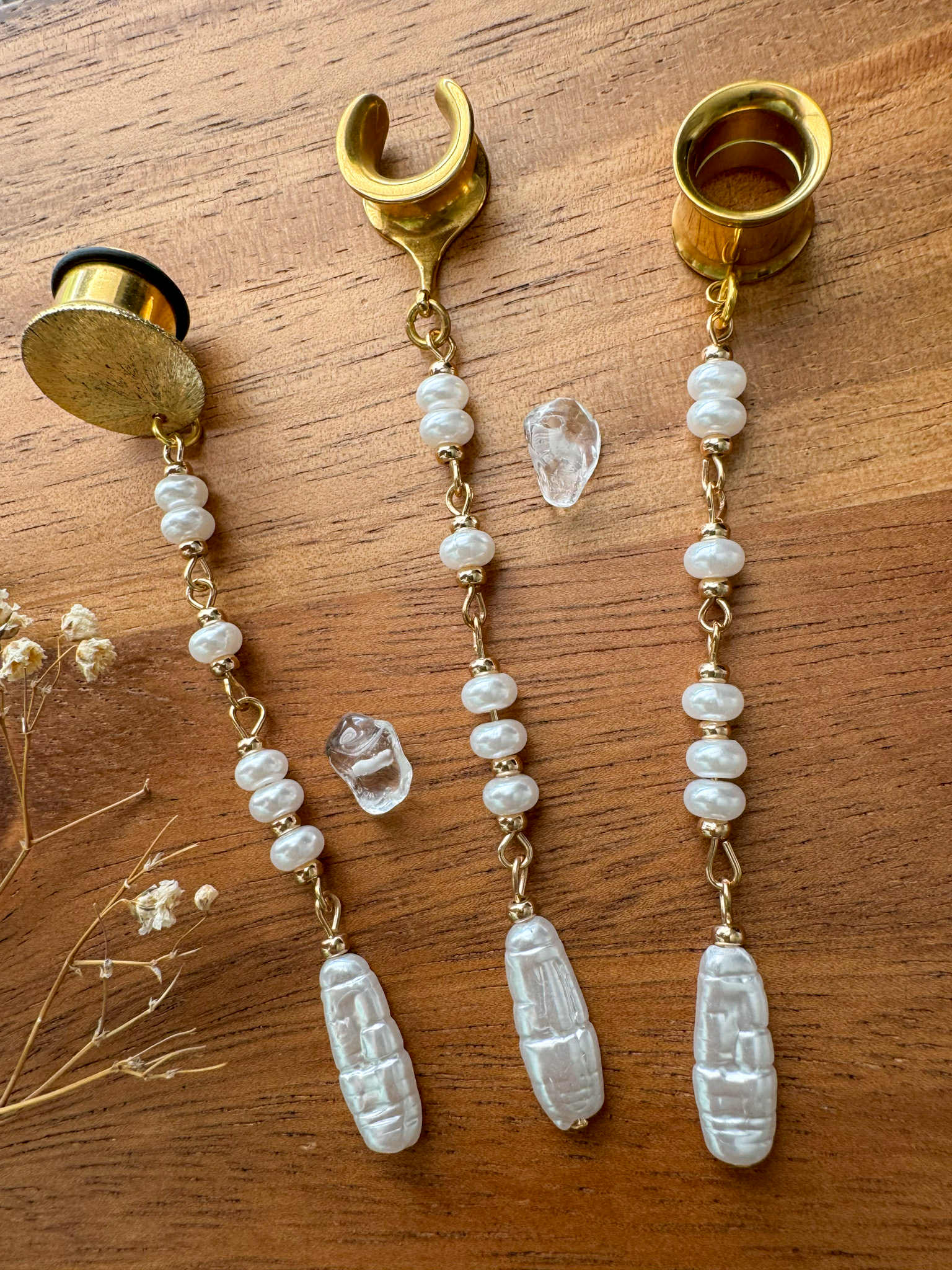 Mixed Pearl Strands Plug Earrings