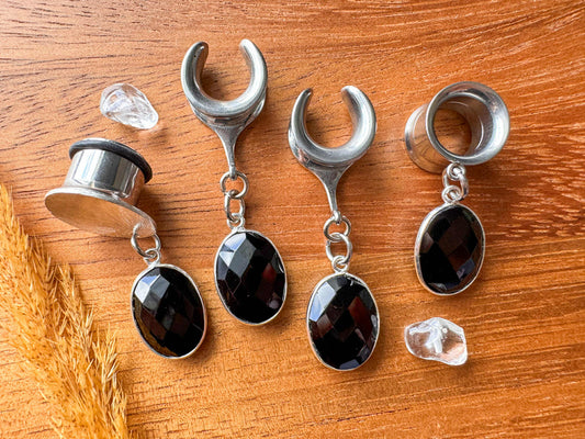 Natural Black Onyx Gem Drops Plug Earrings