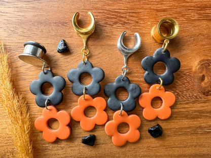 Orange & Black Daisies Plug Earrings