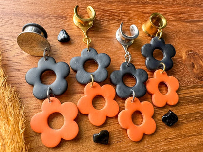 Orange & Black Daisies Plug Earrings