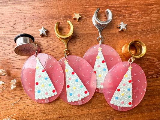 Oval Pink Christmas Trees Plug Earrings