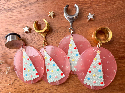 Oval Pink Christmas Trees Plug Earrings