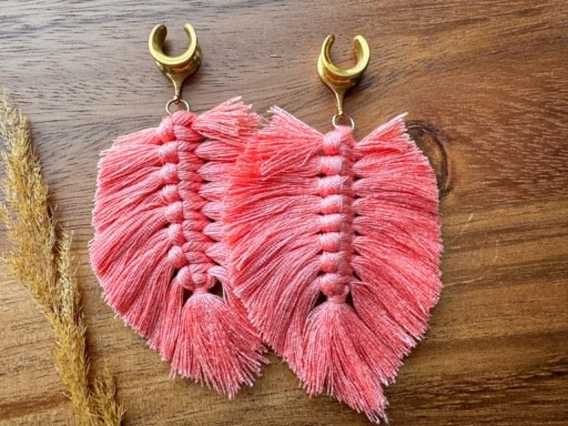 Peach Boho Tassels Plug Earrings