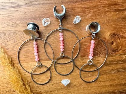 Pink Beaded Silver Hoops Plug Earrings