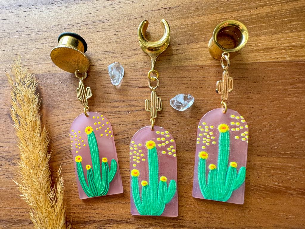 Pink Flowering Cactus & Mini 18k Gold Cactus Dangles