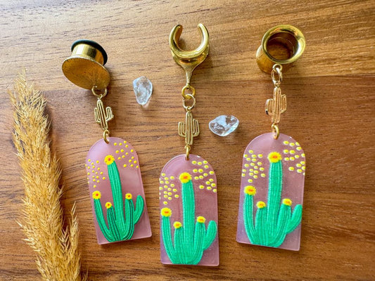 Pink Flowering Cactus & Mini 18k Gold Cactus Dangles