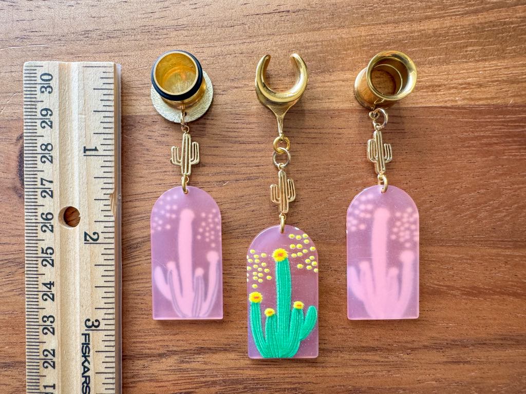 Pink Flowering Cactus & Mini 18k Gold Cactus Dangles