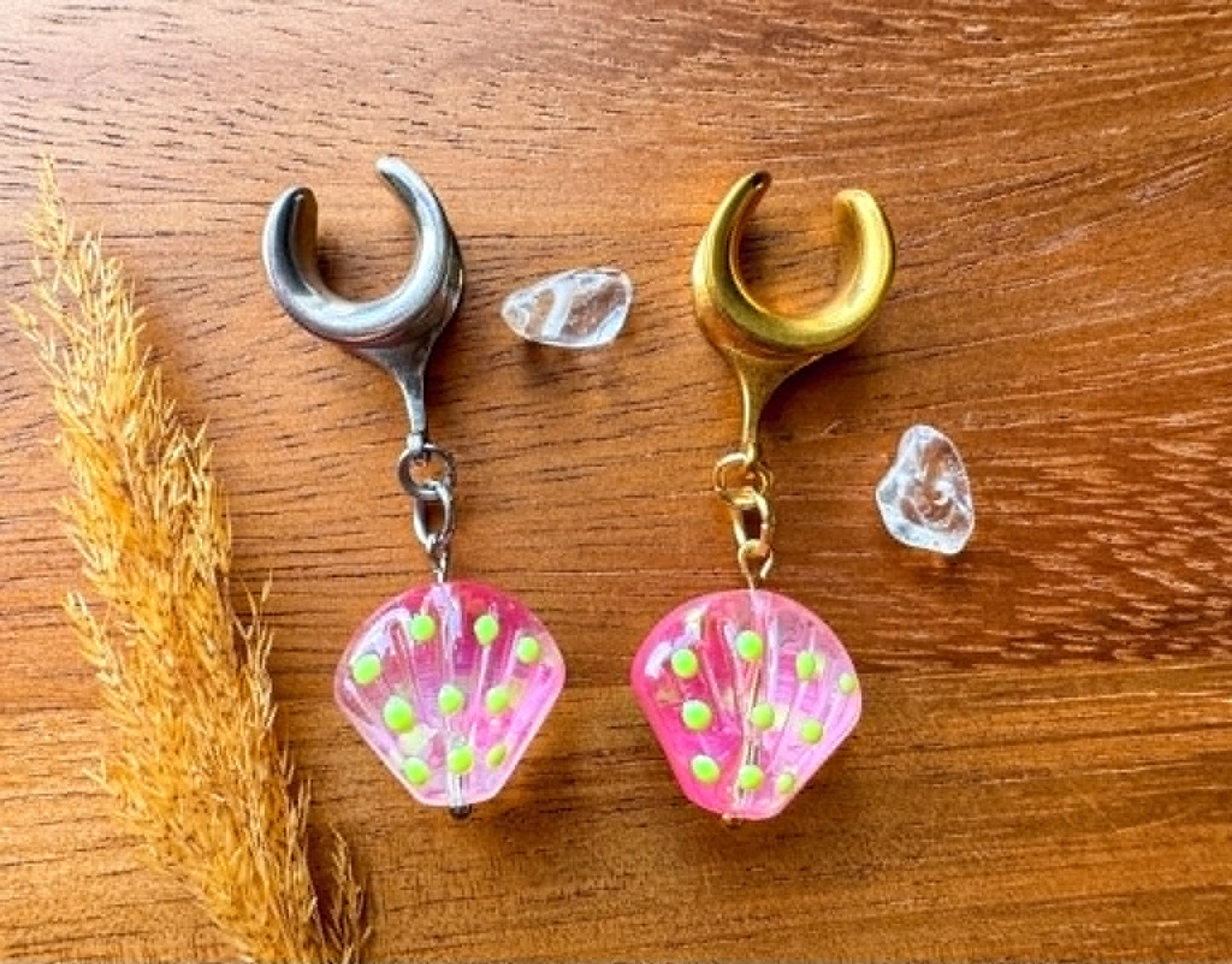 Pink Glass Sea Shells Plug Earrings