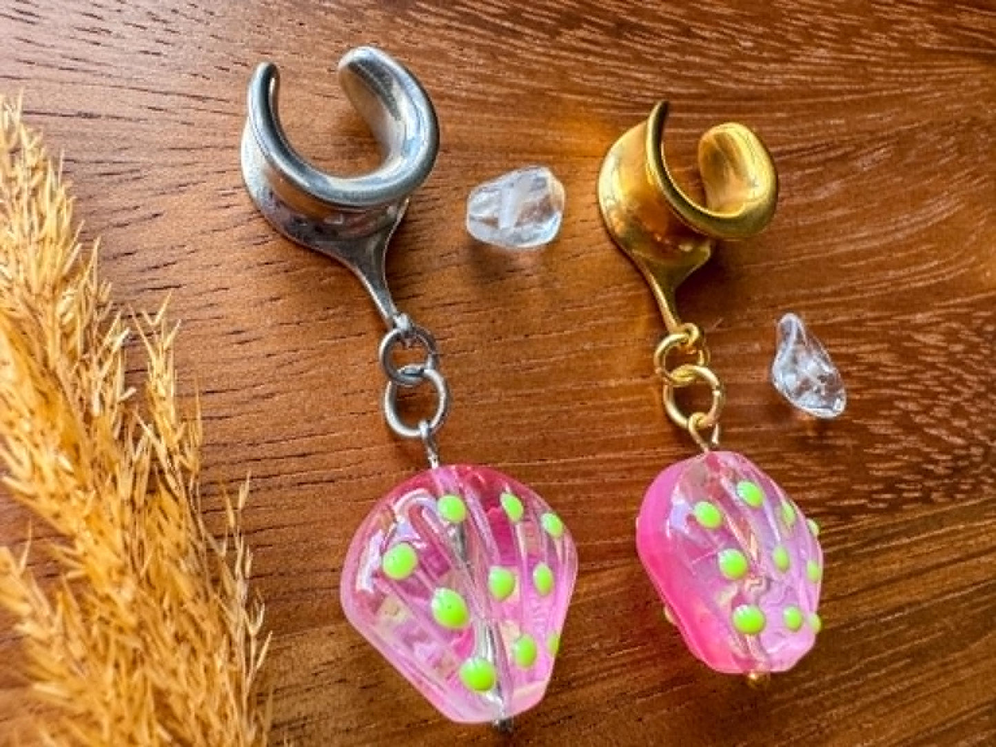 Pink Glass Sea Shells Plug Earrings