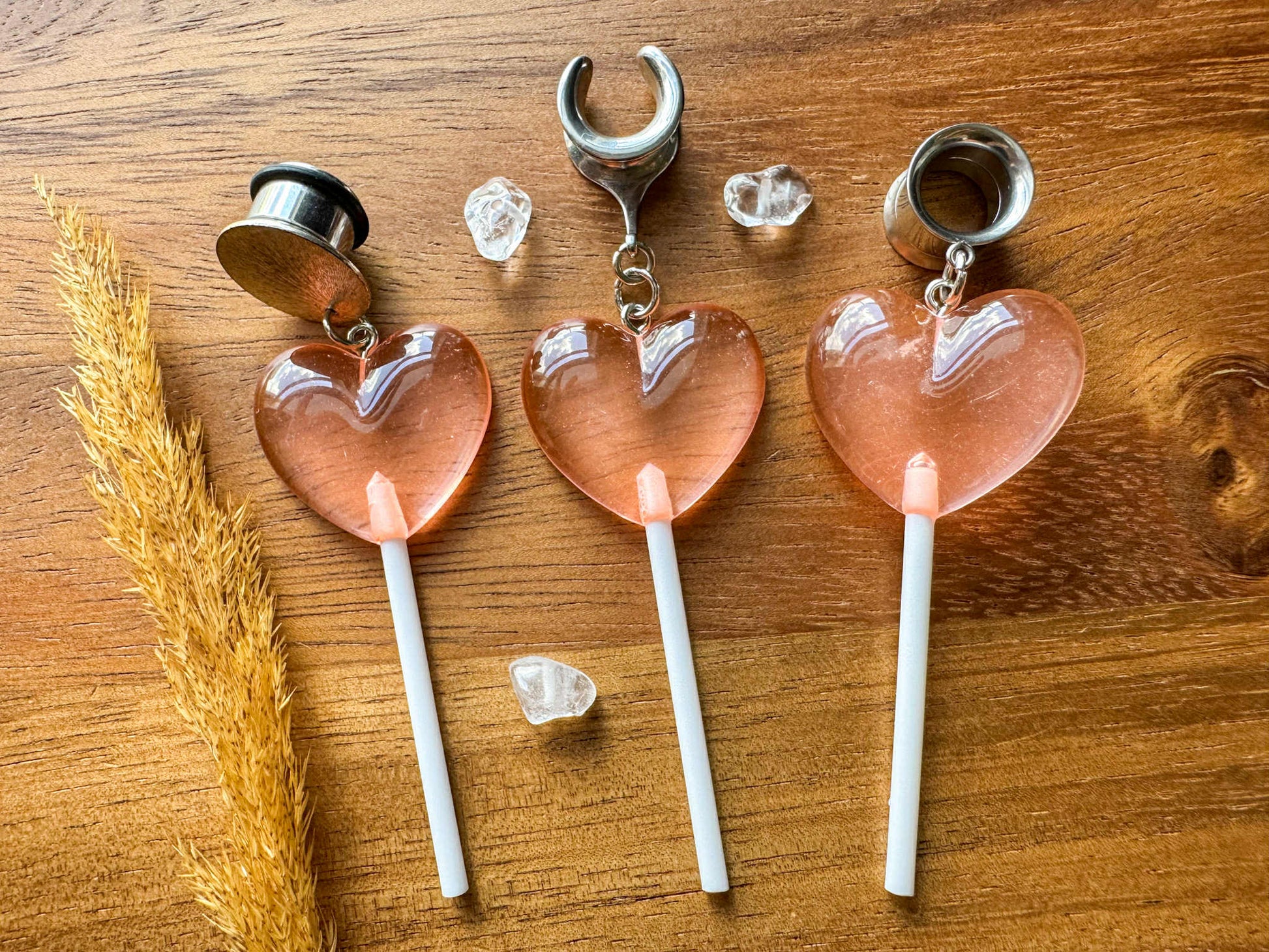 Pink Heart Lollipops Plug Earrings