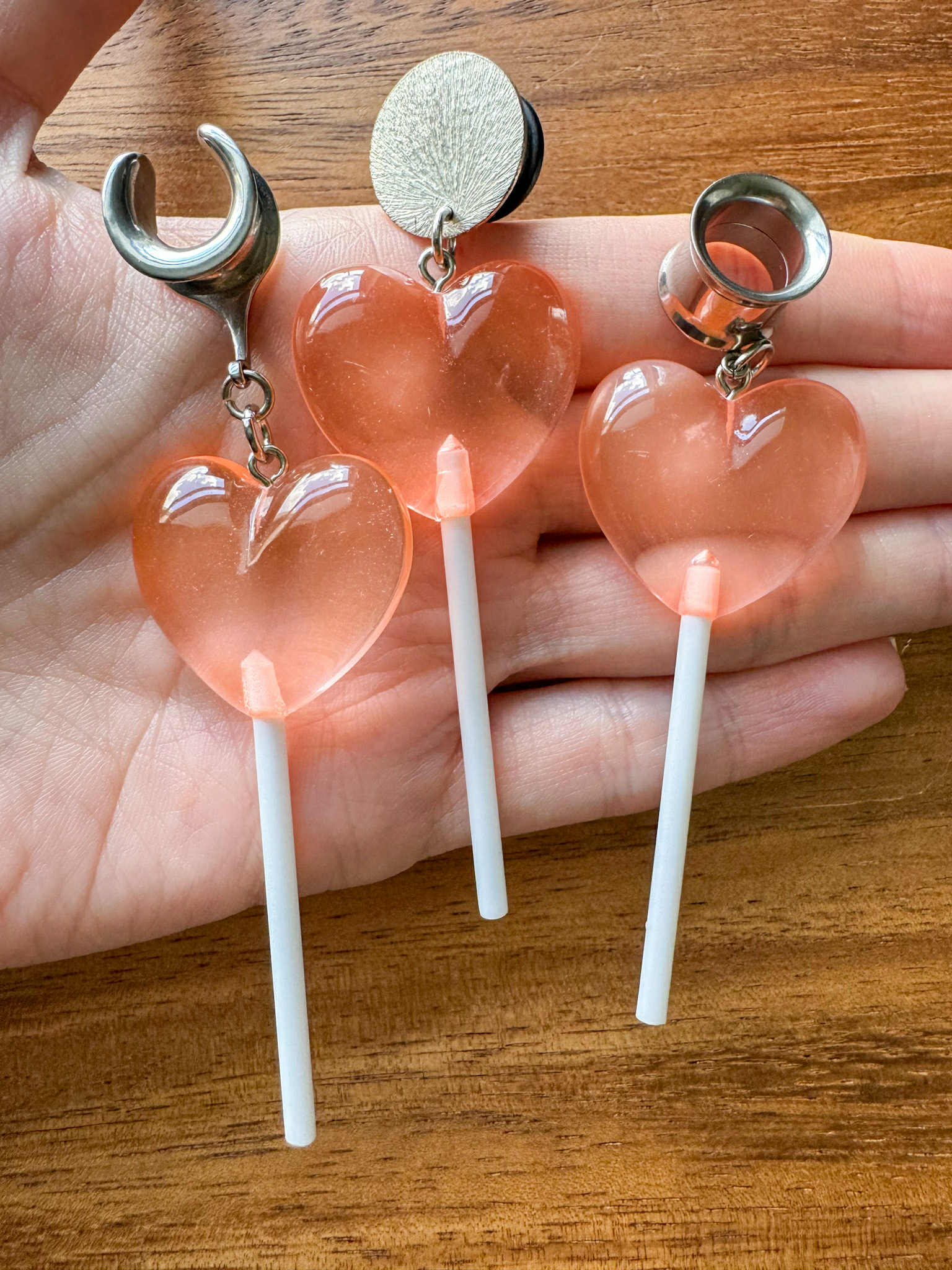 Pink Heart Lollipops Plug Earrings
