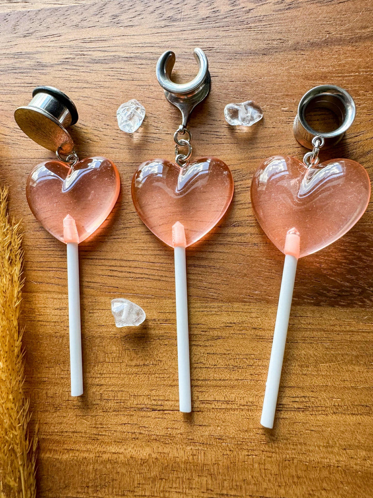 Pink Heart Lollipops Plug Earrings