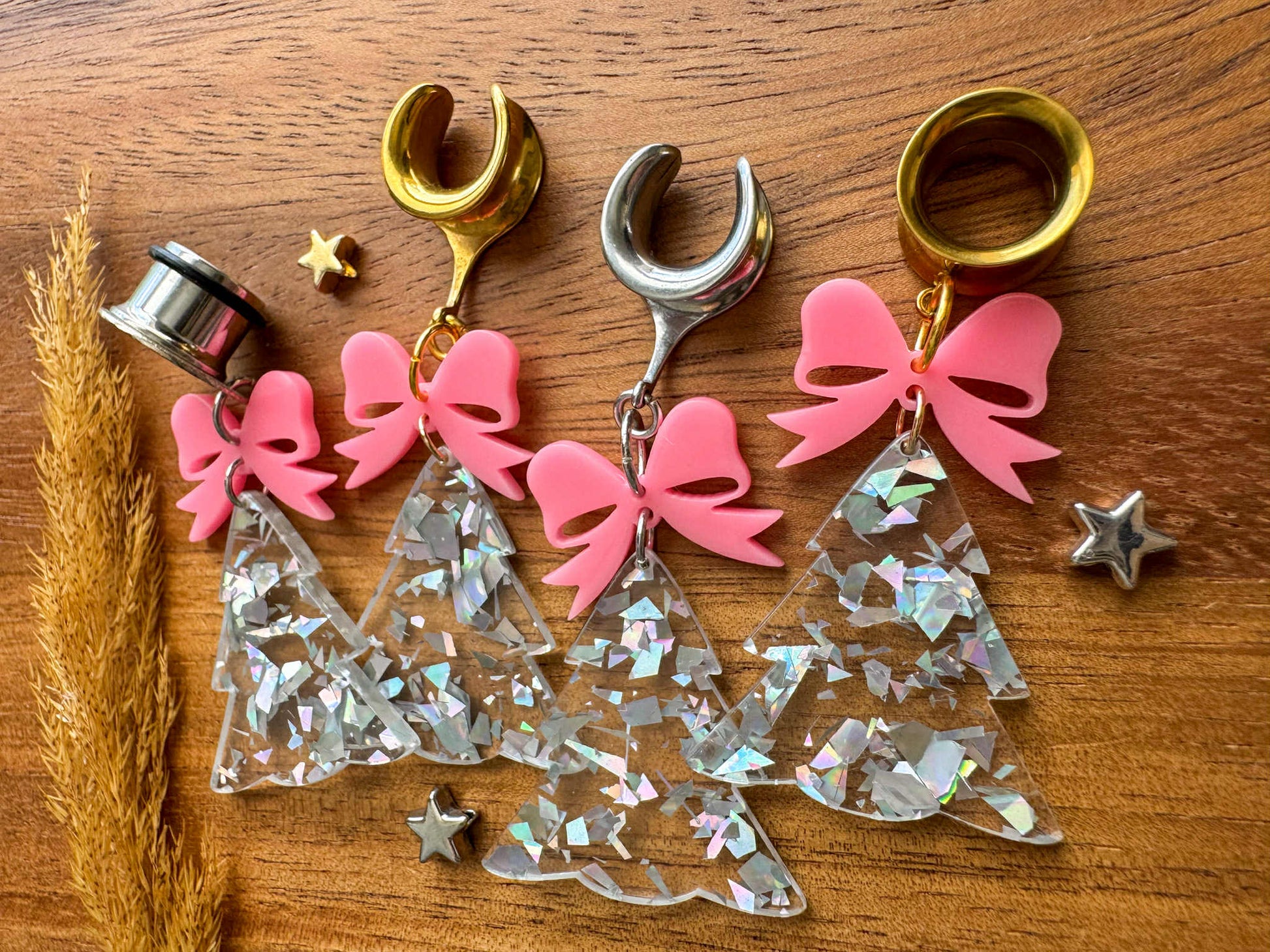 Pink & Silver Confetti Trees Plug Earrings