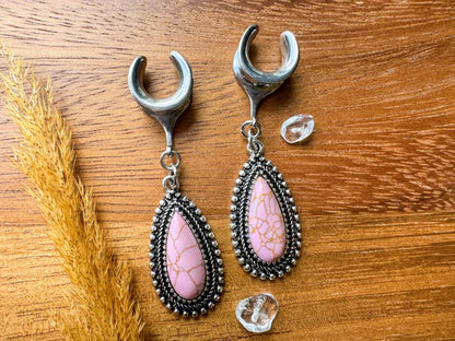 Pink Stoned Antique Silver Tears Plug Earrings