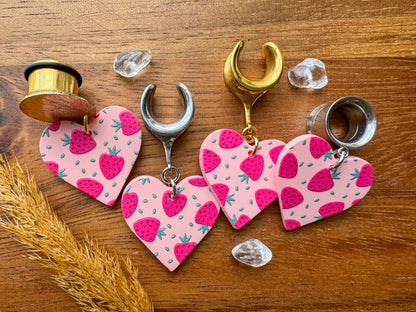 Pink Strawberry Hearts Plug Earrings