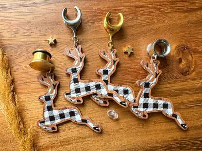 Plaid Prancing Reindeer Plug Earrings