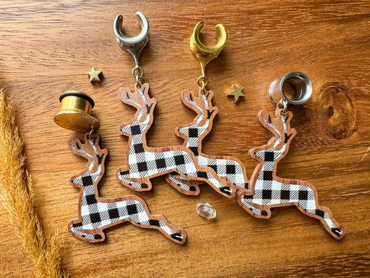 Plaid Prancing Reindeer Plug Earrings