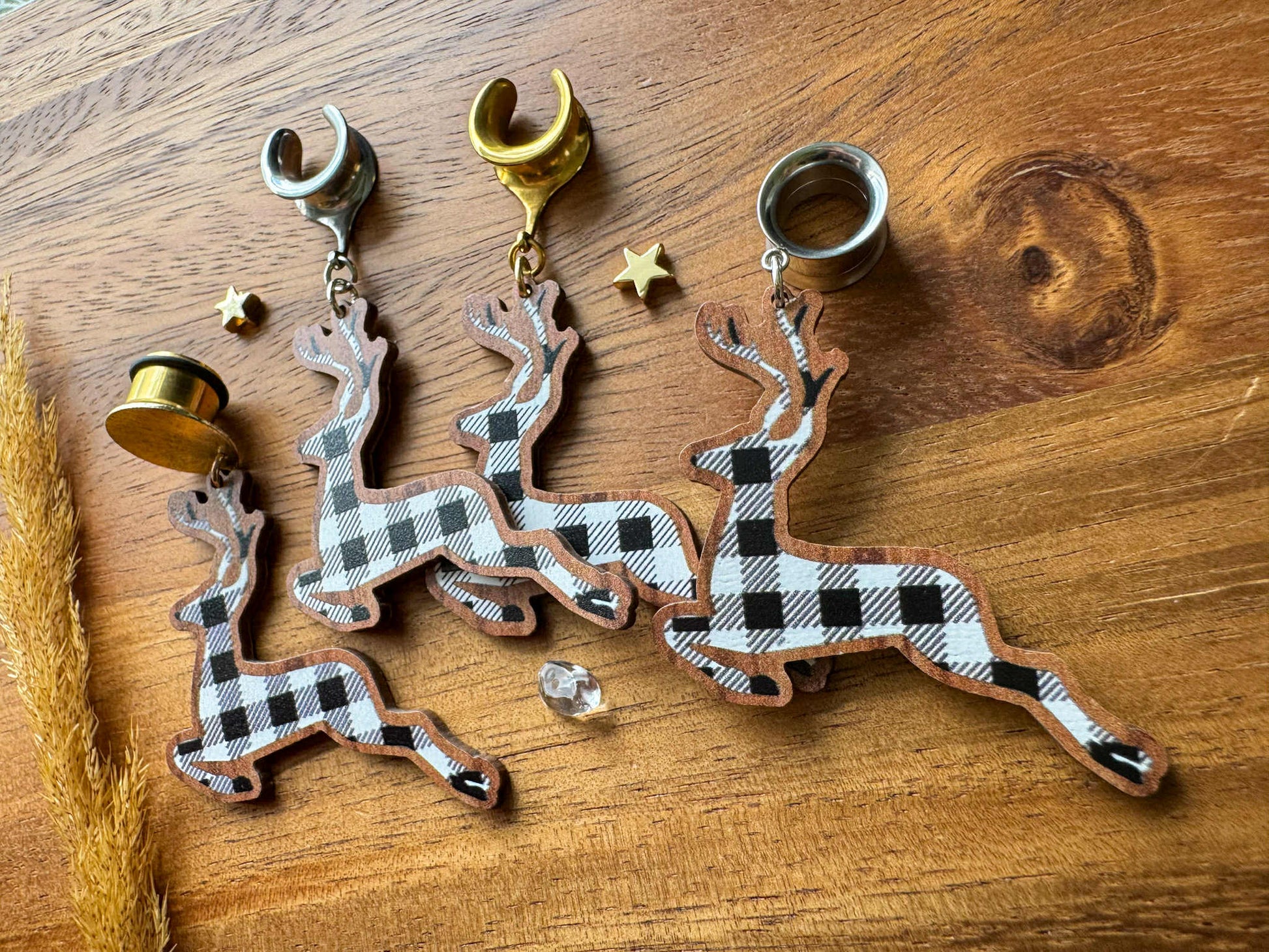 Plaid Prancing Reindeer Plug Earrings