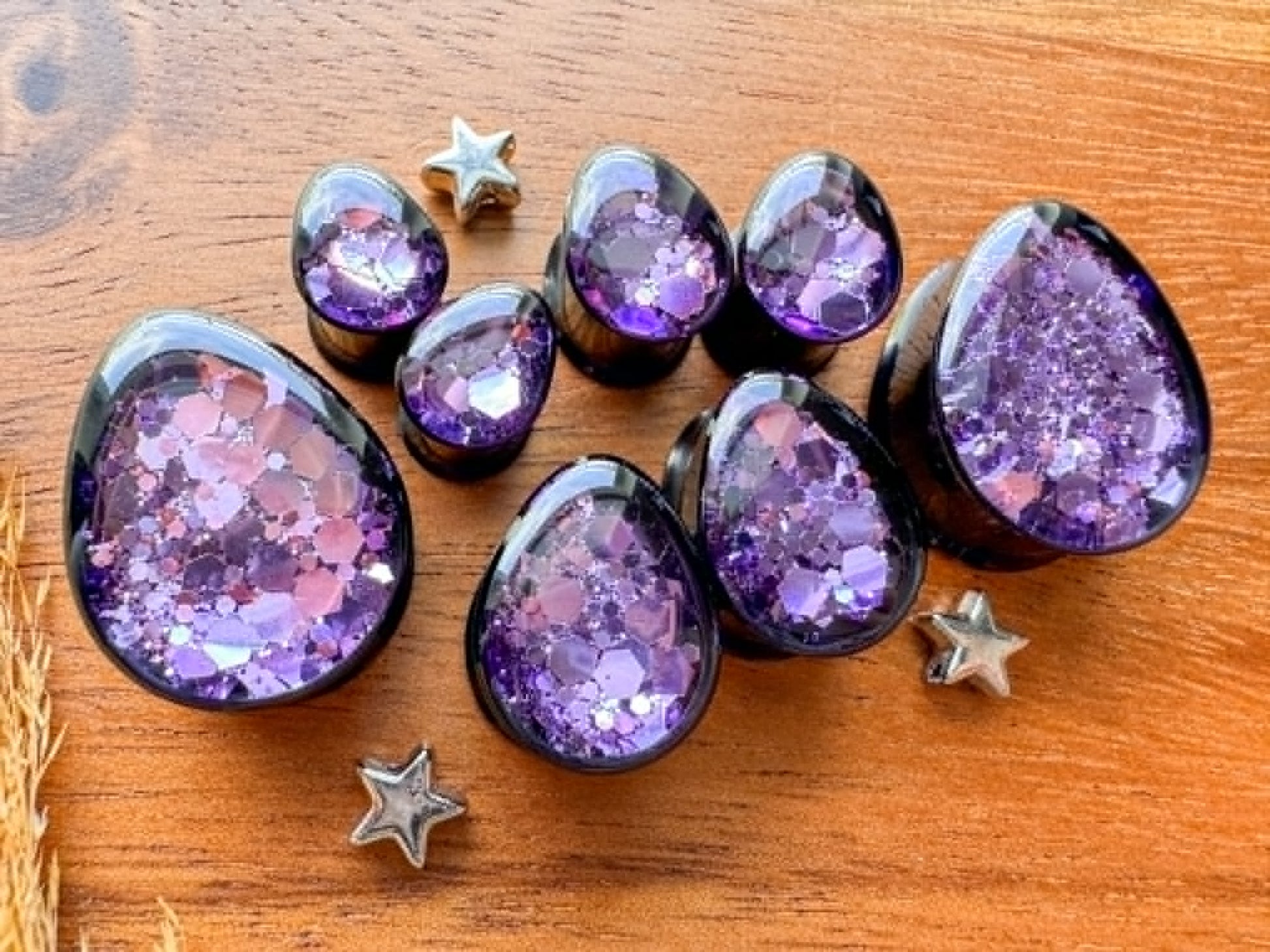 Purple glitter acrylic tear double flare plugs for stretched ears