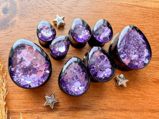 Purple glitter acrylic tear double flare plugs for stretched ears