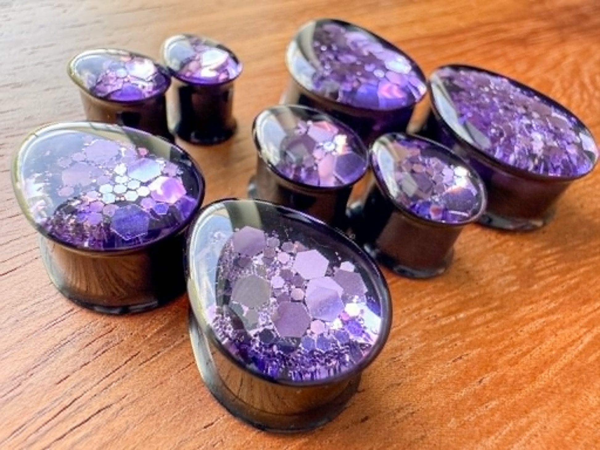 Purple glitter acrylic tear double flare plugs for stretched ears