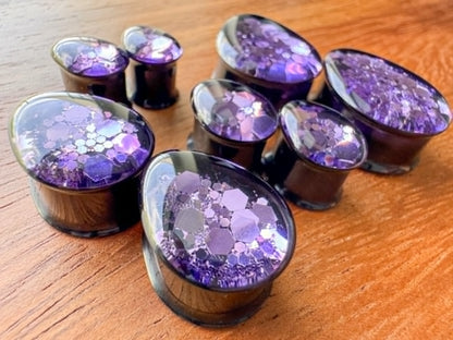 Purple glitter acrylic tear double flare plugs for stretched ears