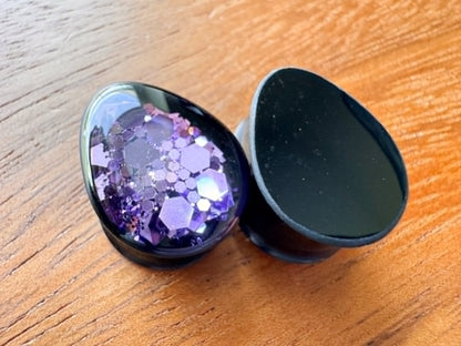 Purple glitter acrylic tear double flare plugs for stretched ears