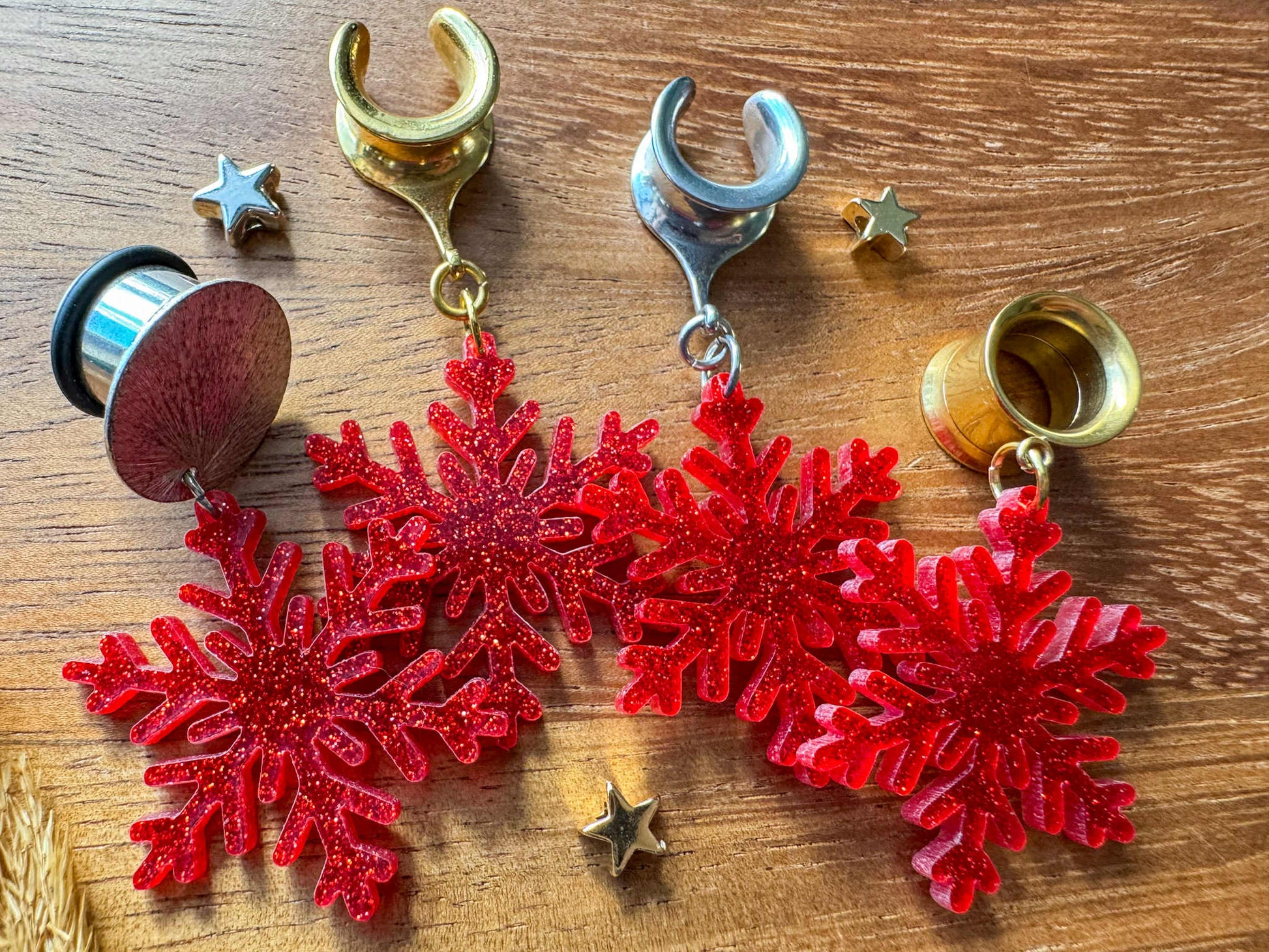 Red Glitter Snowflakes Plug Earrings