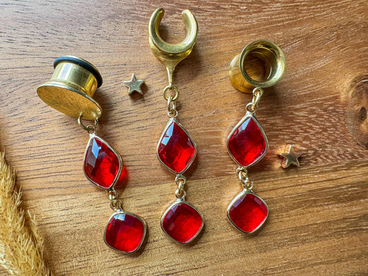 Red & Gold Jeweled Dangles Plug Earrings