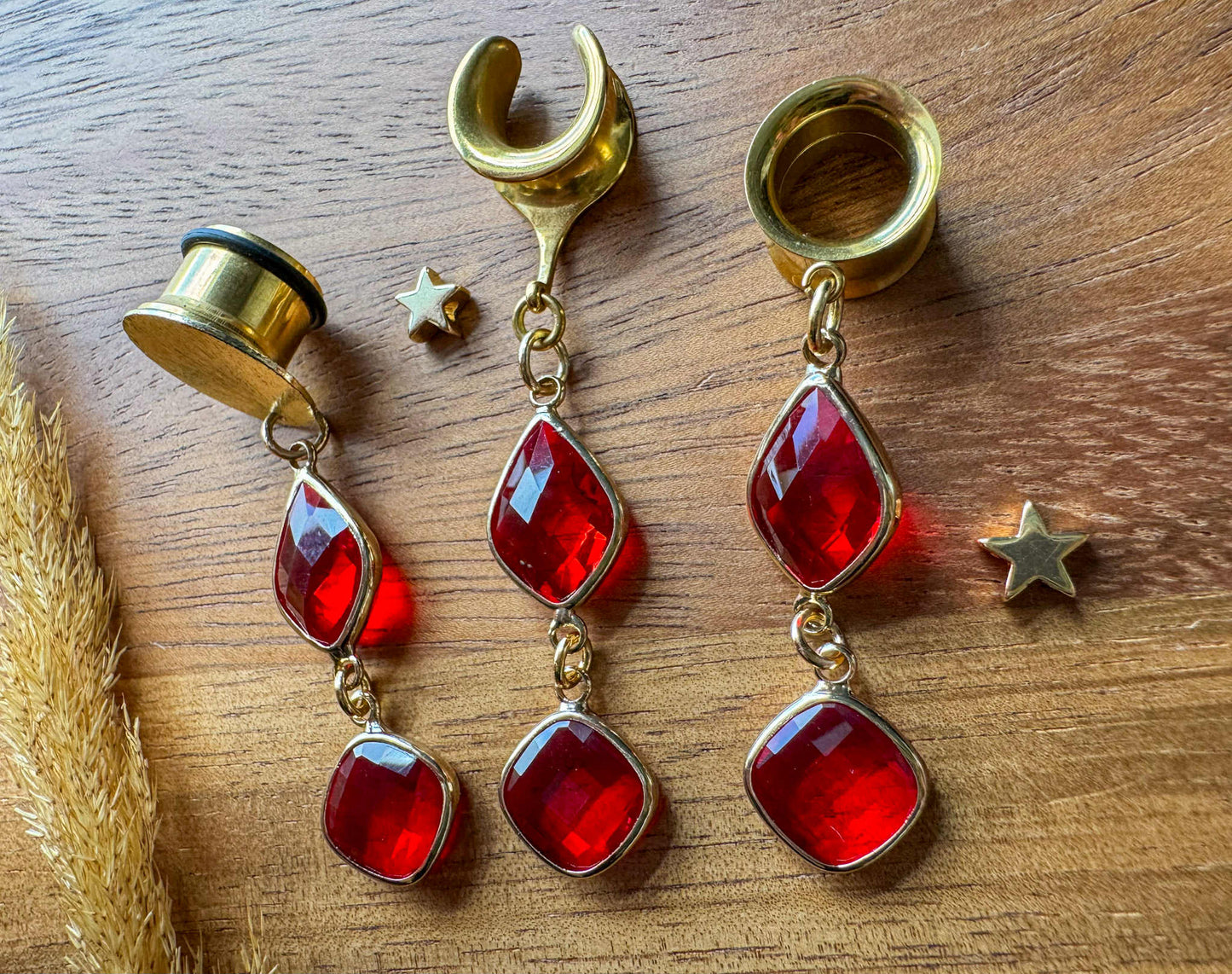 Red & Gold Jeweled Dangles Plug Earrings