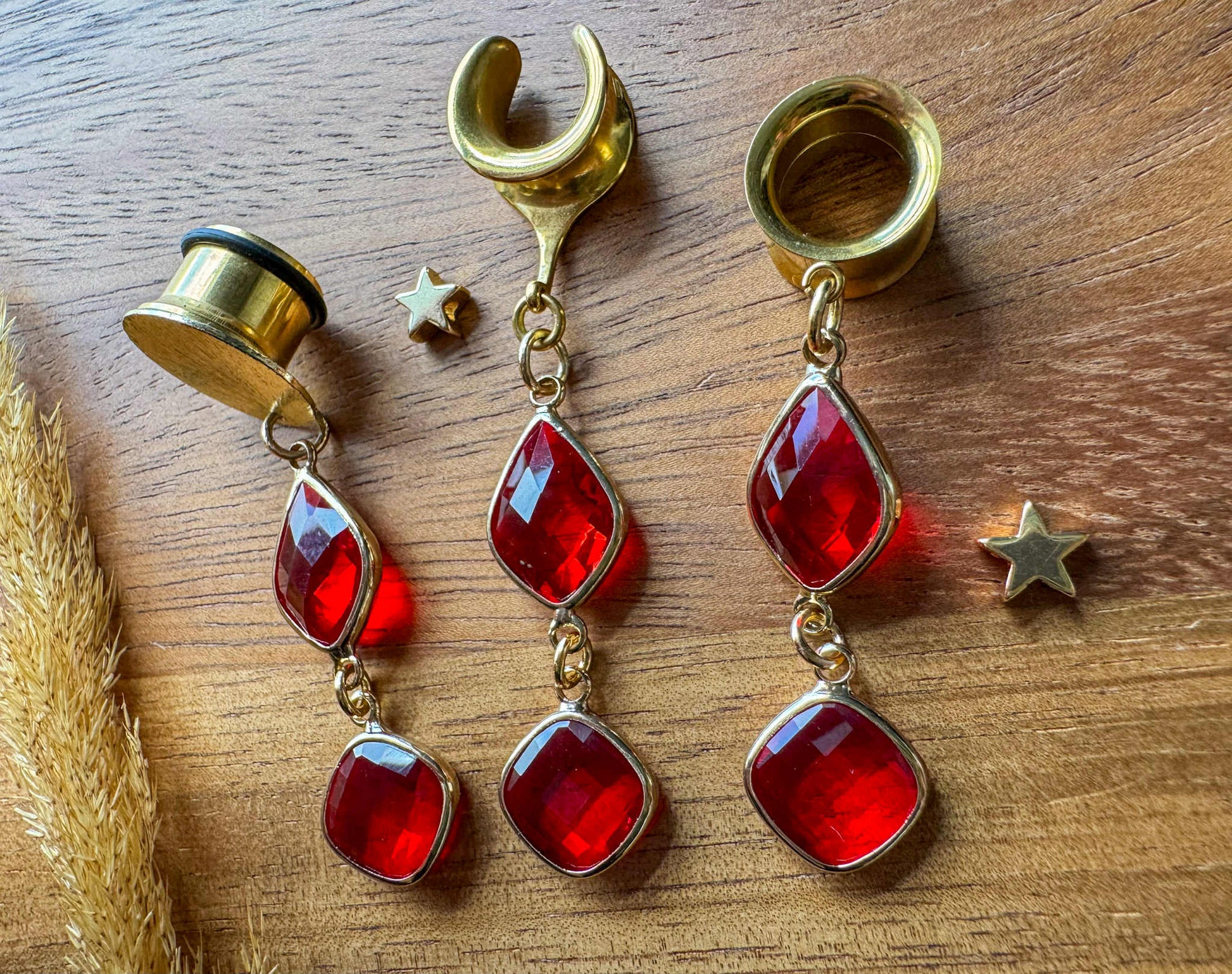 Red & Gold Jeweled Dangles Plug Earrings