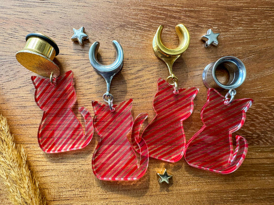 Red Striped Cats Plug Earrings