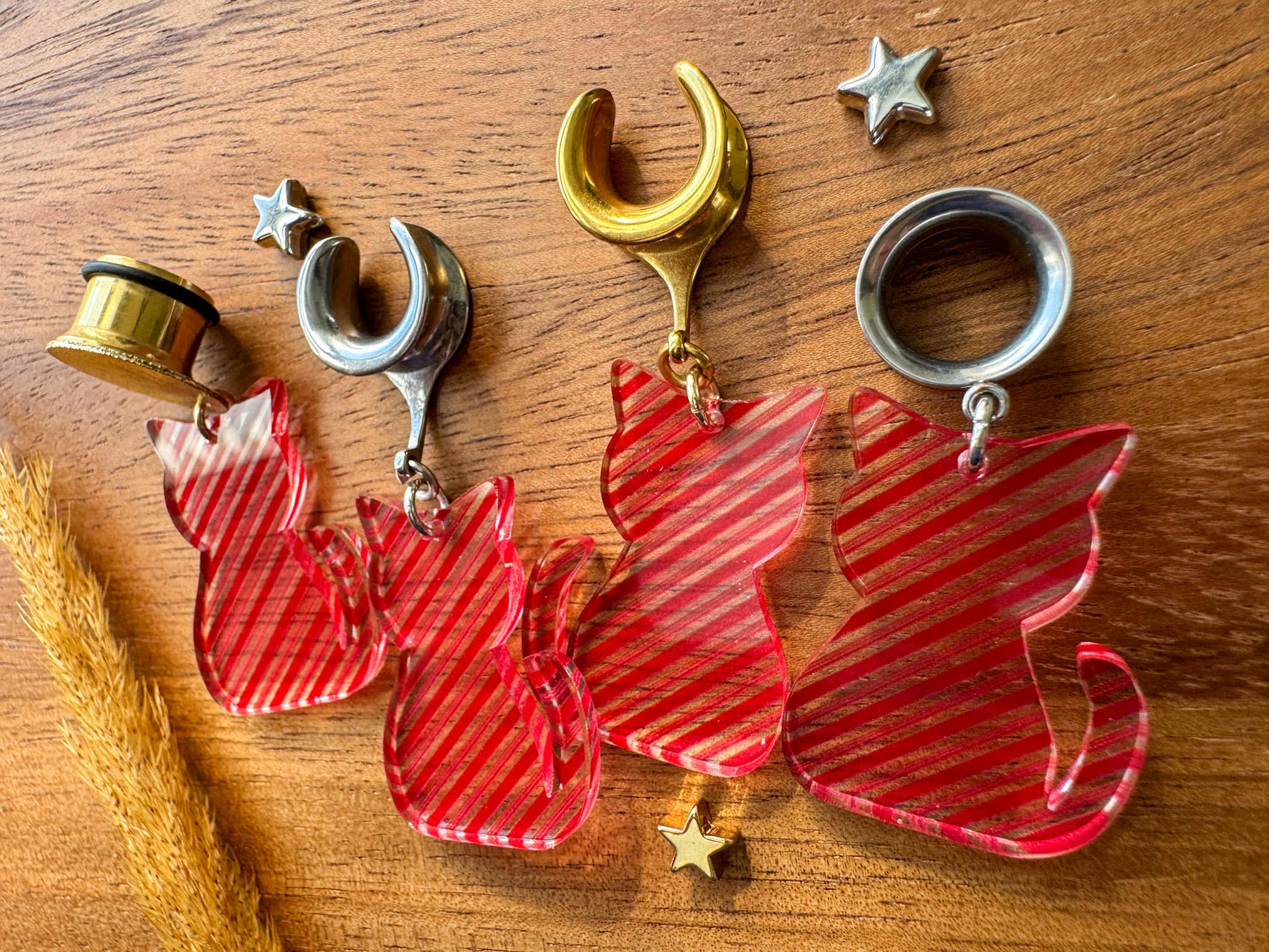 Red Striped Cats Plug Earrings