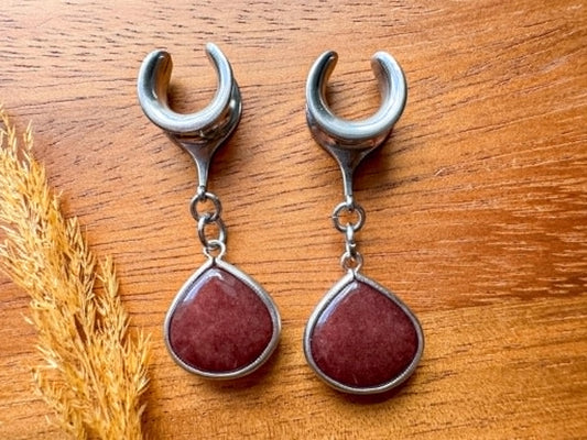 Rhodium Plated Burgundy Drops Plug Earrings