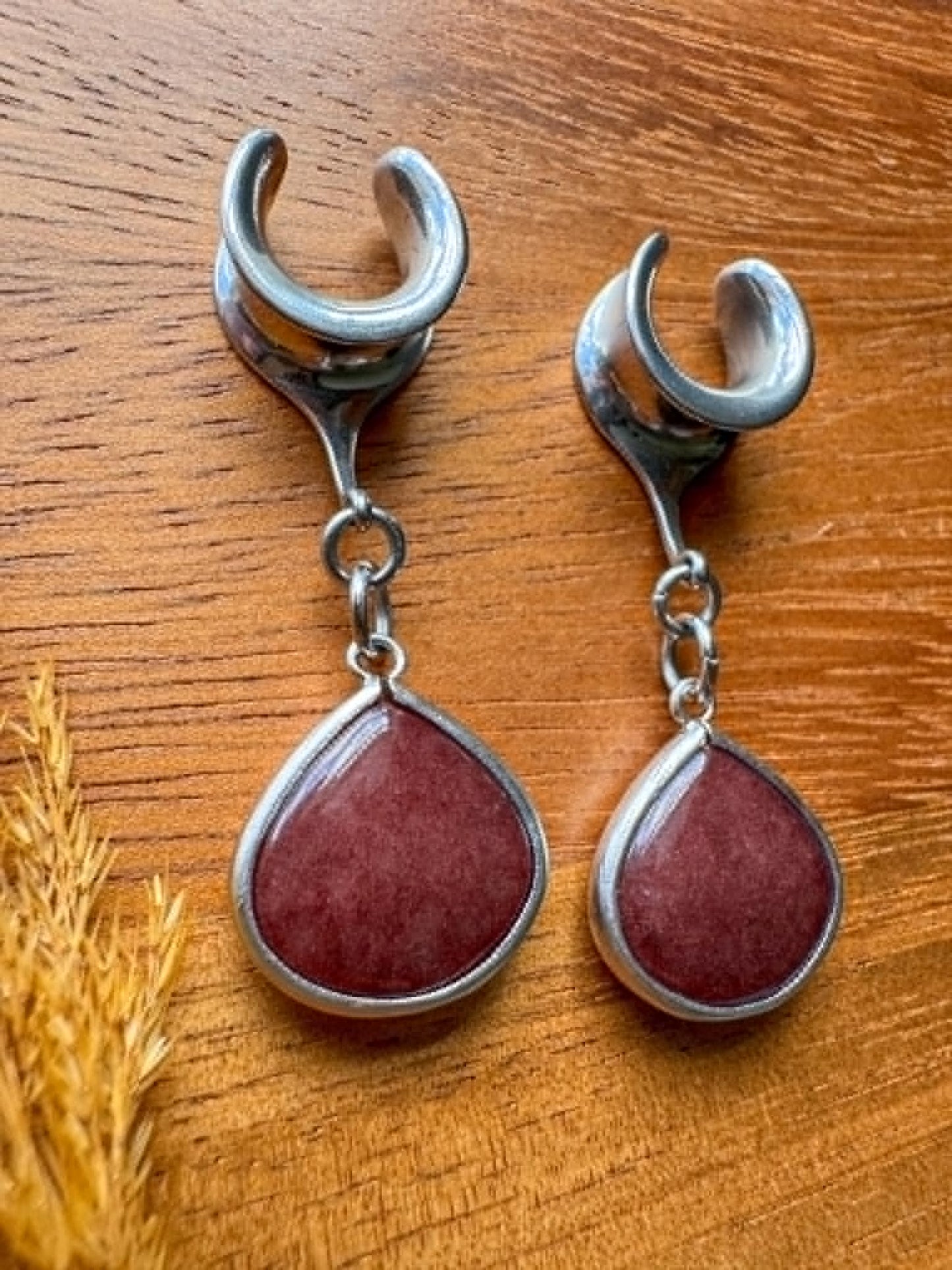 Rhodium Plated Burgundy Drops Plug Earrings