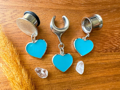 Rhodium Plated Teal Hearts Plug Earrings