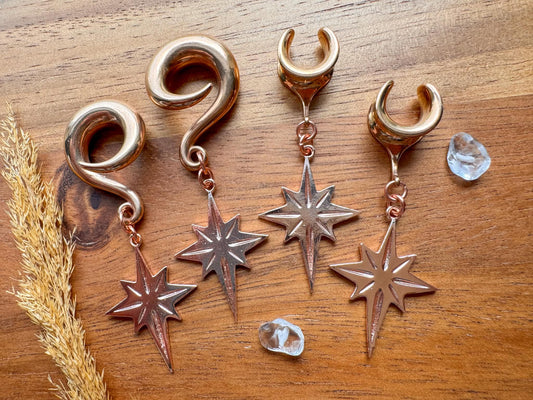 Rose Gold Written in the Stars dangling plug earrings featuring celestial-inspired details and warm rose gold tones for stretched ears.